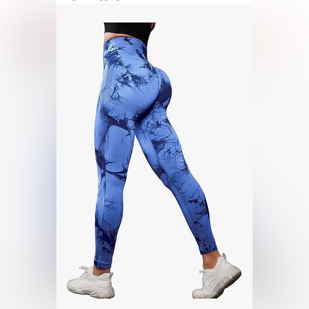 High waisted leggings stretch Blue Tie-Dye style yoga workout bootie lift NEW XS
